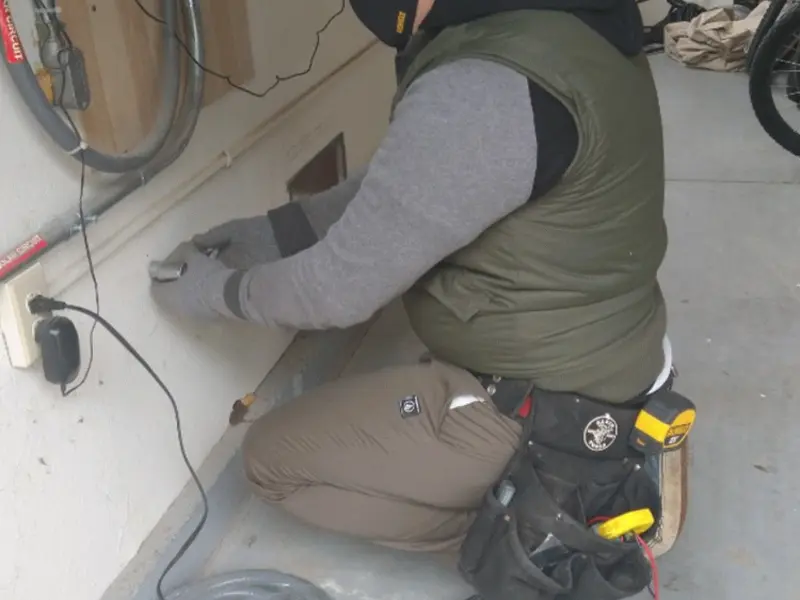 Electrician performing outlet wiring in a Farrell garage